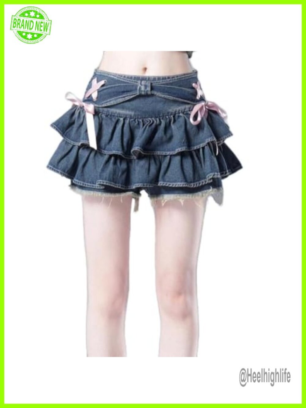 Y2K Ruffle Hem High Waist Pleated Denim Mini Skirt A-Line Flared